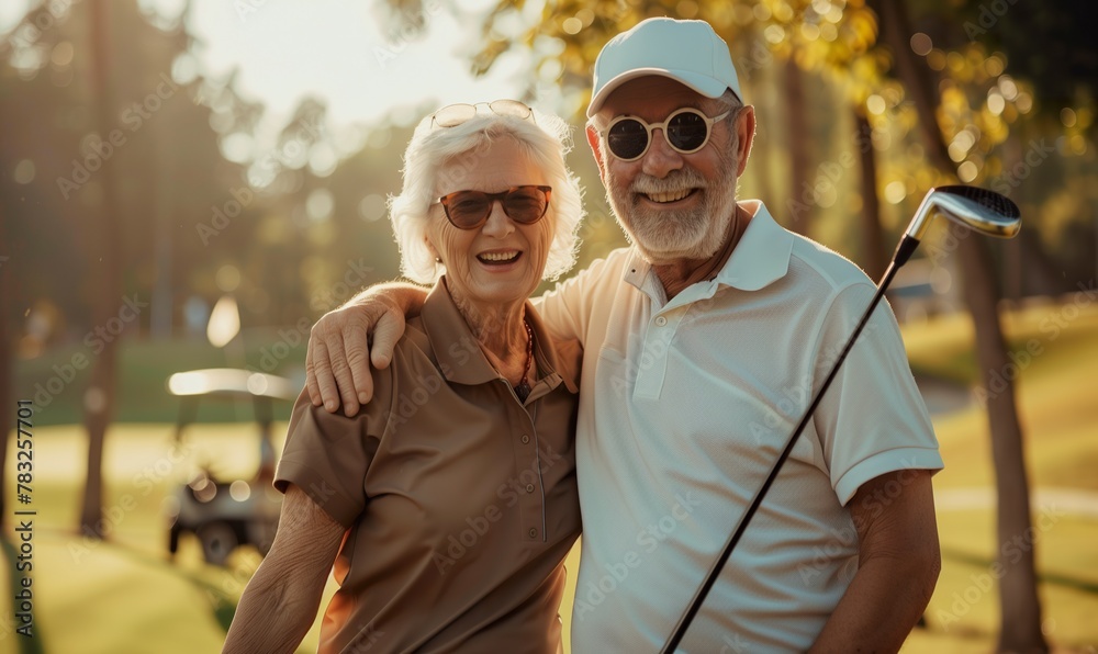 Obraz premium portrait of happy senior couple at golf club at summer, old retired man and woman playing golf and looking at camera