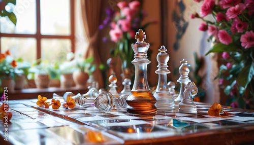 Glass chess set surrounded by flowers. Lovely arrangement. Generative AI.