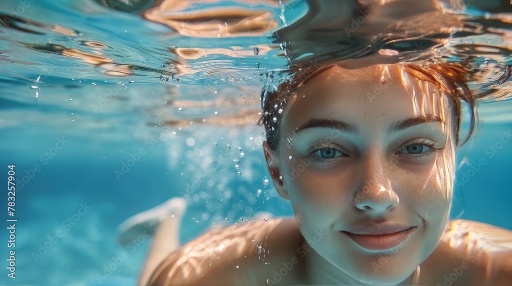 Young woman swimming banner with copy space 
