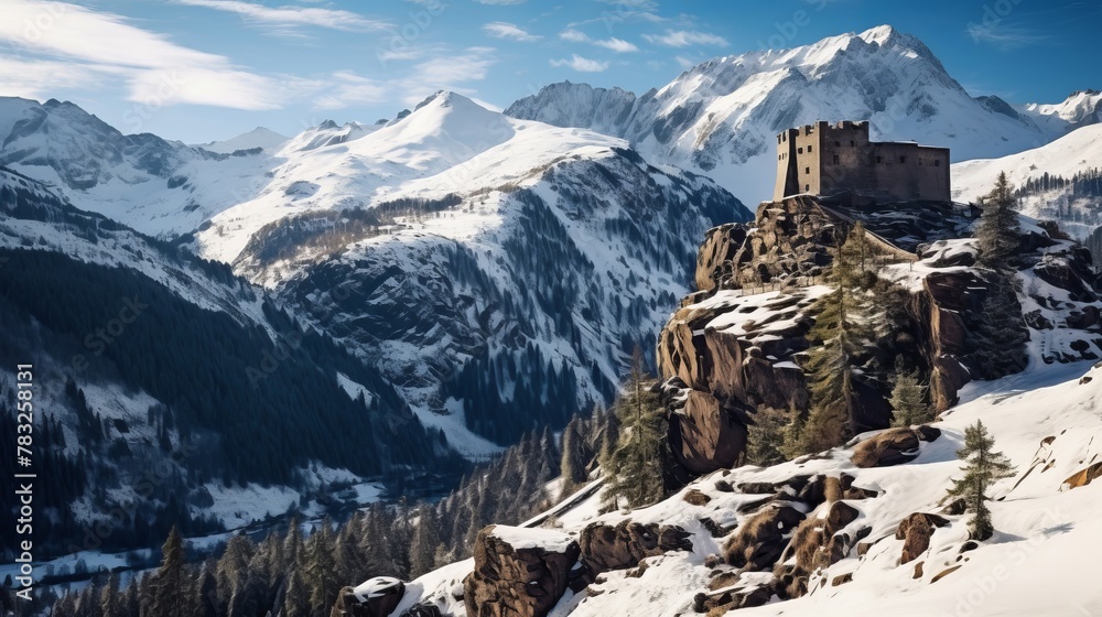 Fortress set against snowy mountain backdrop