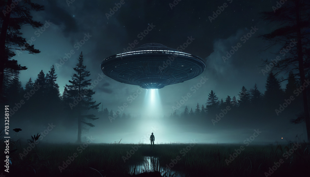 An emerging spaceship from amidst dark clouds in the fog. Nighttime ambiance. Menacing atmosphere. Aliens attack. Generative AI. An emerging spaceship from amidst dark clouds in the fog. Nighttime ambiance. Menacing atmosphere. Aliens attack. Generative AI.