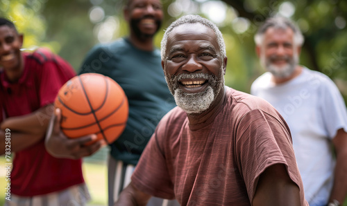 happy active senior people playing basketball outdoors at summer, cheerful african american men friends play game and do sport, retired people and physical activity concept © goami