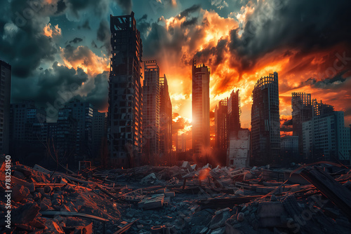 world after the apocalypse, destroyed city with skyscrapers, dark clouds and sunset in background, rubble on ground © vvalentine