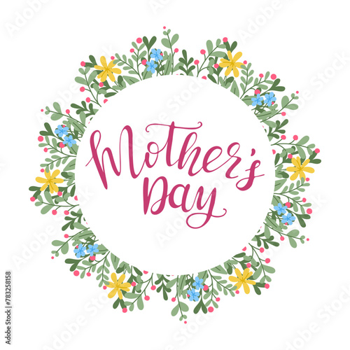 Stylized hand drawn floral wreath for Mothers Day. Calligraphic text Mothers day in tulips wreath. Vector typography design for banner, poster, card.