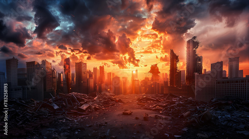 world after the apocalypse, destroyed city with skyscrapers, dark clouds and sunset in background, rubble on ground photo
