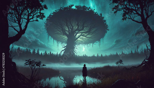  Mysterious tree in the middle of the night surrounded by fog. The tree is massive. A person is in the middle. Arrival of aliens. Generative AI.