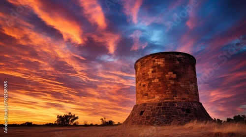Vibrant backdrop frames historic fort tower