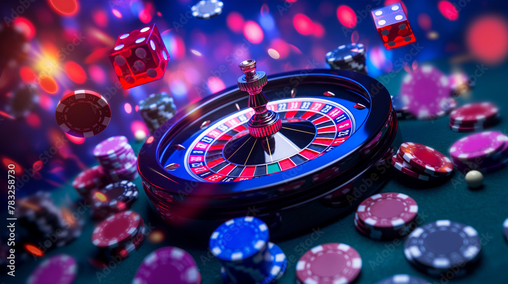 Luxury of the Casino roulette wheel with many chips flying isolation background, Illustration. Luxury of the Casino roulette wheel with many chips flying isolation background, Illustration.