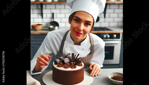 Femme chef pâtissière prépare un gâteau ou cake au chocolat photo