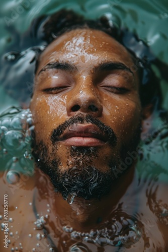 A man relaxing in the water, eyes closed