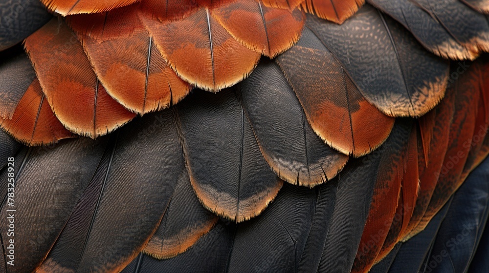 Obraz premium Closeup of hawks wing, feathers, texture,red and brown color. background, wallpaper