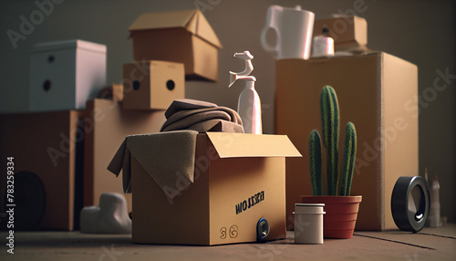 Move concept. Cardboard boxes and cleaning things for moving into a new home. Cardboard boxe closeup background, Ai generated photo