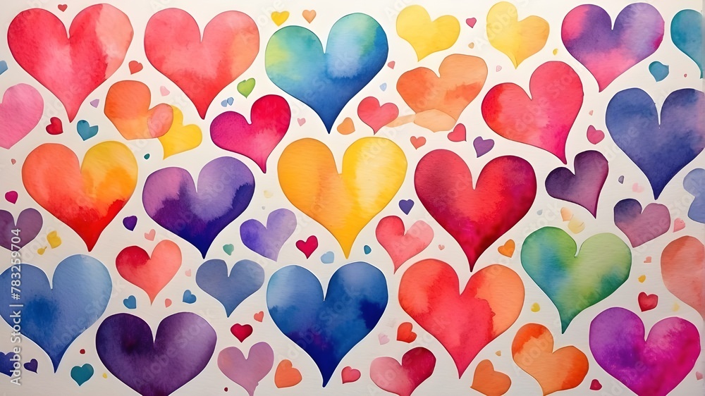 rainbow's colors. watercolor painting of multicolored, brilliant hearts. abstract heart pattern in many colors used as a design backdrop