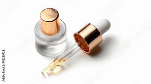 gloss glass bottle of cosmetic vitamin C serum, with a gold rim on the lid and a dropper, on white background