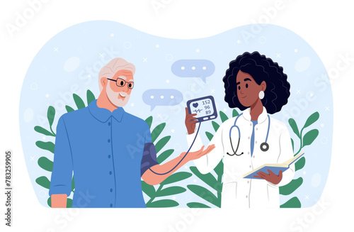 World hypertension day. Blood pressure measurement. Hypertensive heart disease. A doctor consults an elderly patient about cardiac diseases. Medical examination, cardiac examination