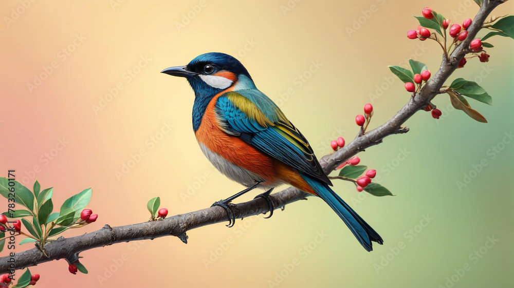 Enchanting bird perched on a branch. Pastel background. Generative AI.

