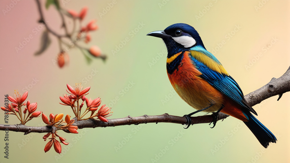 Enchanting bird perched on a branch. Pastel background. Generative AI.
Enchanting bird perched on a branch. Pastel background. Generative AI.