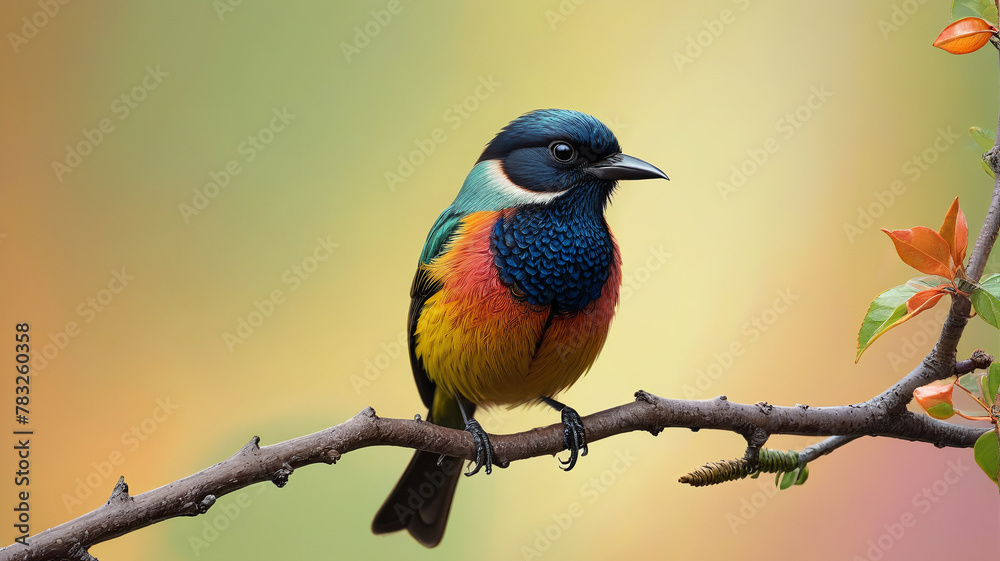 Enchanting bird perched on a branch. Pastel background. Generative AI.

