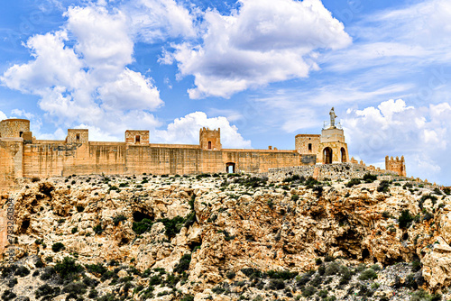 Views of the Walls of San Cristobal Hill in front of the Alcazaba of Almeria, Spain 