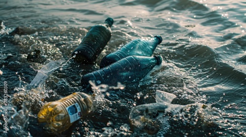 Plastic bottles floating on water surface, environmental pollution concept. Suitable for environmental campaigns