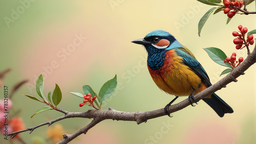 Enchanting bird perched on a branch. Pastel background. Generative AI.   © 4K_Heaven