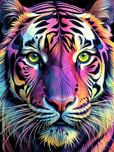 A Painting of a Vibrant Tiger  Its Stripes a Spectrum of Color