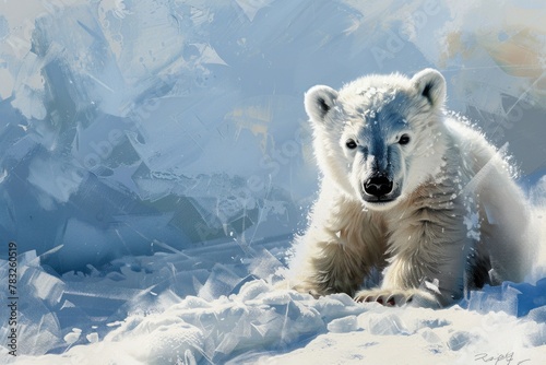 A polar bear sitting in the snow, suitable for wildlife and nature themes photo