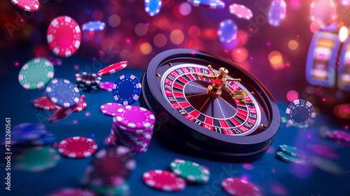 Luxury of the Casino roulette wheel with many chips flying isolation background, Illustration. 