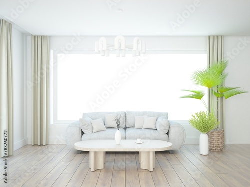 Jasne wnętrze z dużymi oknami tarasowymi zasłonami dużą wygodną sofą z poduszkami i stolikiem kawowym