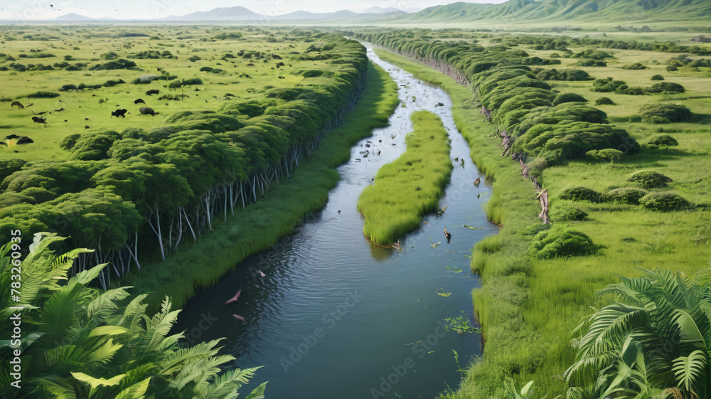 Great canal with a flowing river, surrounded by animals. Generative AI.
Great canal with a flowing river, surrounded by animals. Generative AI.