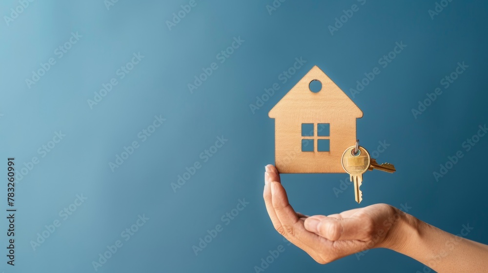hand holding house symbol model with key,real estate concept hand holding house symbol model with key,real estate concept