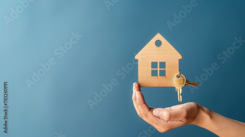 hand holding house symbol model with key,real estate concept