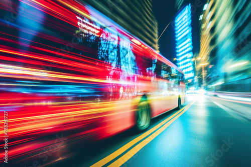 A blurry red bus is driving down a city street. Generated by AI