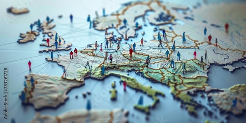 A map of Europe with small figures representing people, illustrating the spread and interconnected nature of digital social networks across different countries Generative AI photo