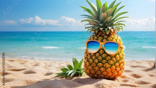 Pineapple on the beach, bright and cheery. summertime vacation at sea