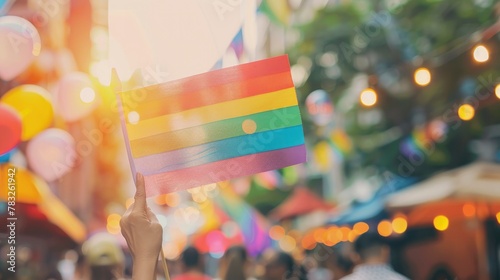 person waving rainbow flag at pride parade or festival, lgbt concept with blurred crowd and bokeh background, sunny day © MEHDI