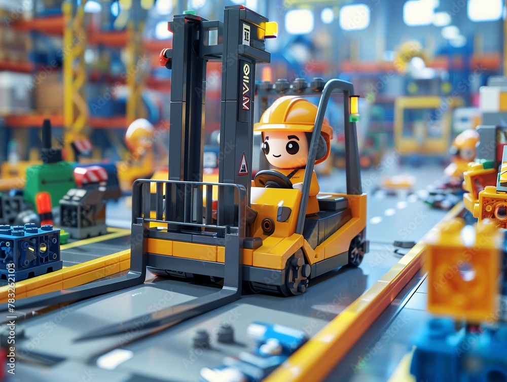 Fototapeta premium A forklift character with a penchant for problemsolving in a busy warehouse filled with cuttingedge automation technology
