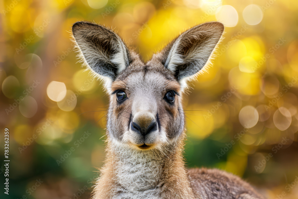 Fototapeta premium Curious Kangaroo Portrait Against Golden Bokeh Background