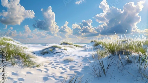 A picturesque sandy beach with grass and sand dunes. Suitable for travel and nature concepts