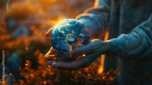 Person holding a small earth globe in hands. Can be used for environmental or global concept designs