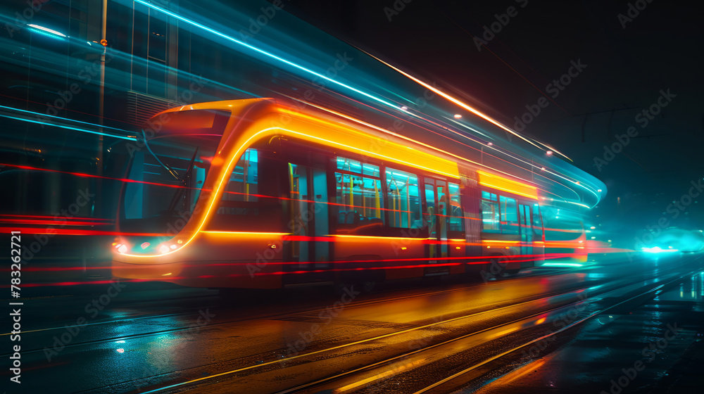 Streaks of light on a tram gliding through rainy night streets Streaks of light on a tram gliding through rainy night streets