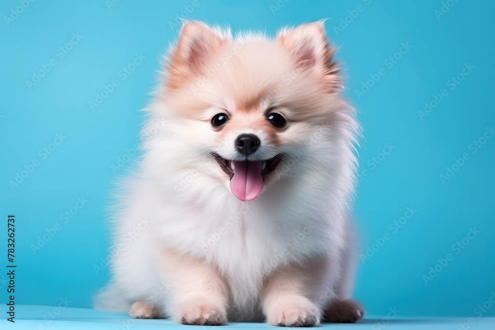 A cute little white pomeranian dog is sitting on a blue surface with its tongue out. The dog appears to be happy and playful, and its expression conveys a sense of joy and contentment
