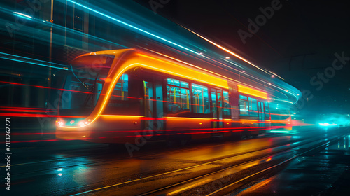 Streaks of light on a tram gliding through rainy night streets