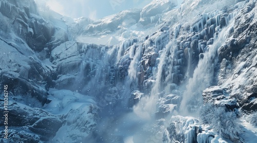 A frozen waterfall in the middle of a snowy mountain. Perfect for winter themed designs