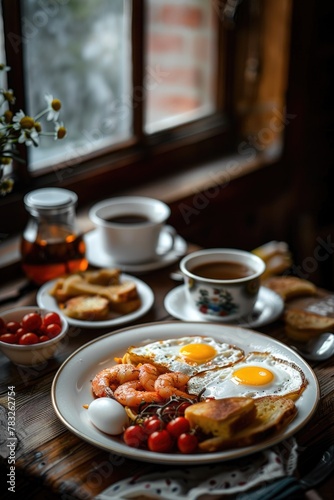 Delicious breakfast with eggs  toast  tomatoes  and coffee. Perfect for food blogs or restaurant menus