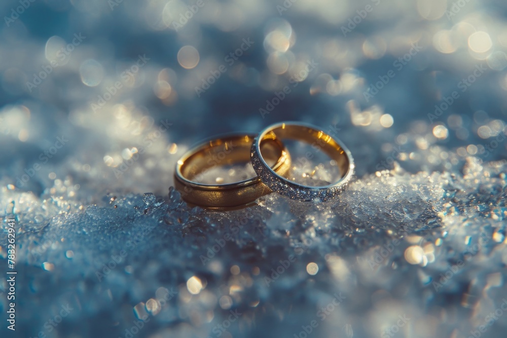 Two wedding rings on a snowy surface. Suitable for winter wedding themes Two wedding rings on a snowy surface. Suitable for winter wedding themes