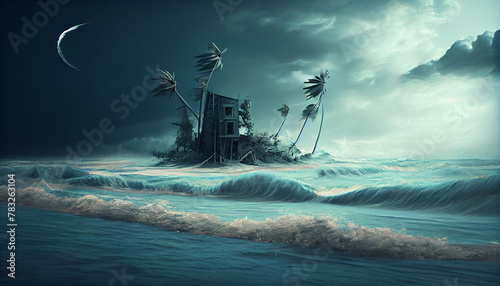 Strong wind hurricane та island flood disaster background, Ai generated image