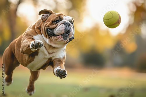 Bulldog dog running to catch ball in park © lermont51