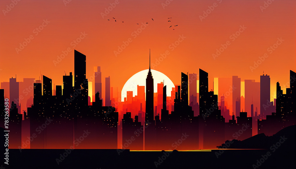 Sunset over the city buildings minimalist background, Ai generated image