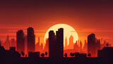 Sunset over the city buildings minimalist background, Ai generated image